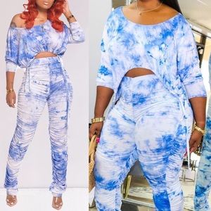 Blue & White Tie-Dye Pants Set